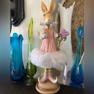 Jolie Fleur Easter Girl Pink Bunny Rabbit Faux Fur Trim Dress Figurine Decor NWT